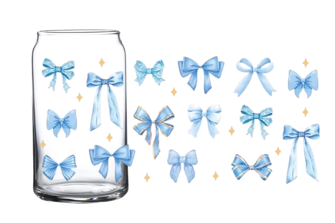 Blue & gold bows glass can