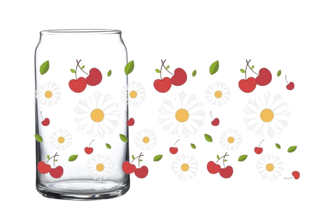 Cherry & daisy glass can