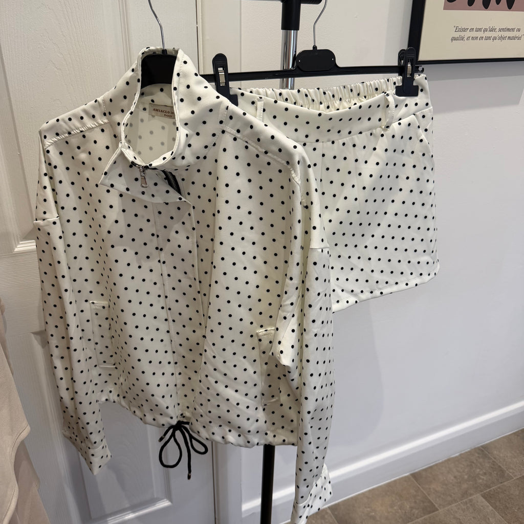 White Polkadot shorts and bomber set