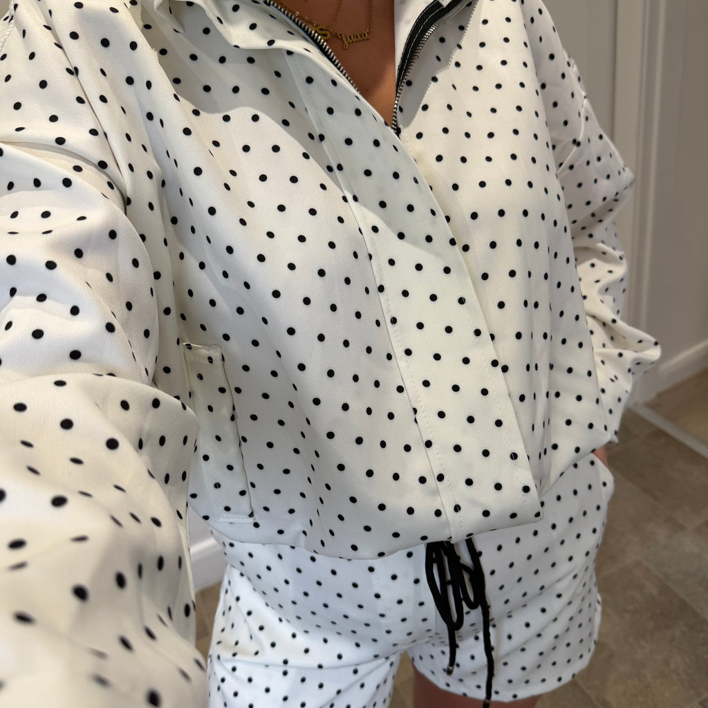 White Polkadot shorts and bomber set