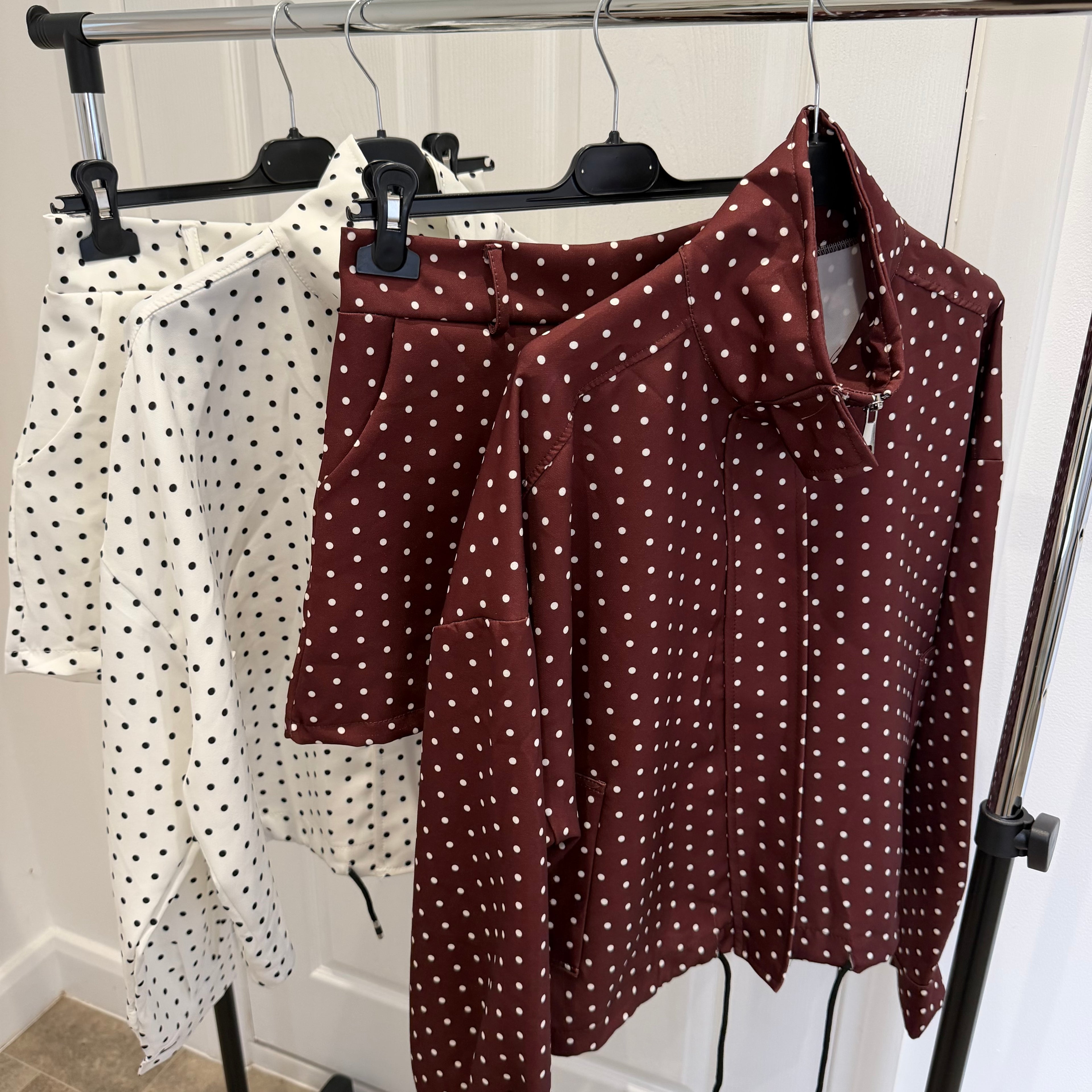 White Polkadot shorts and bomber set